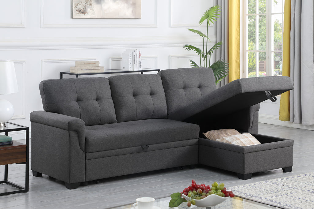 Lucca 84' Dark Gray Linen Reversible Sleeper Sectional Sofa with Storage Chaise - Grand Goldman Shop