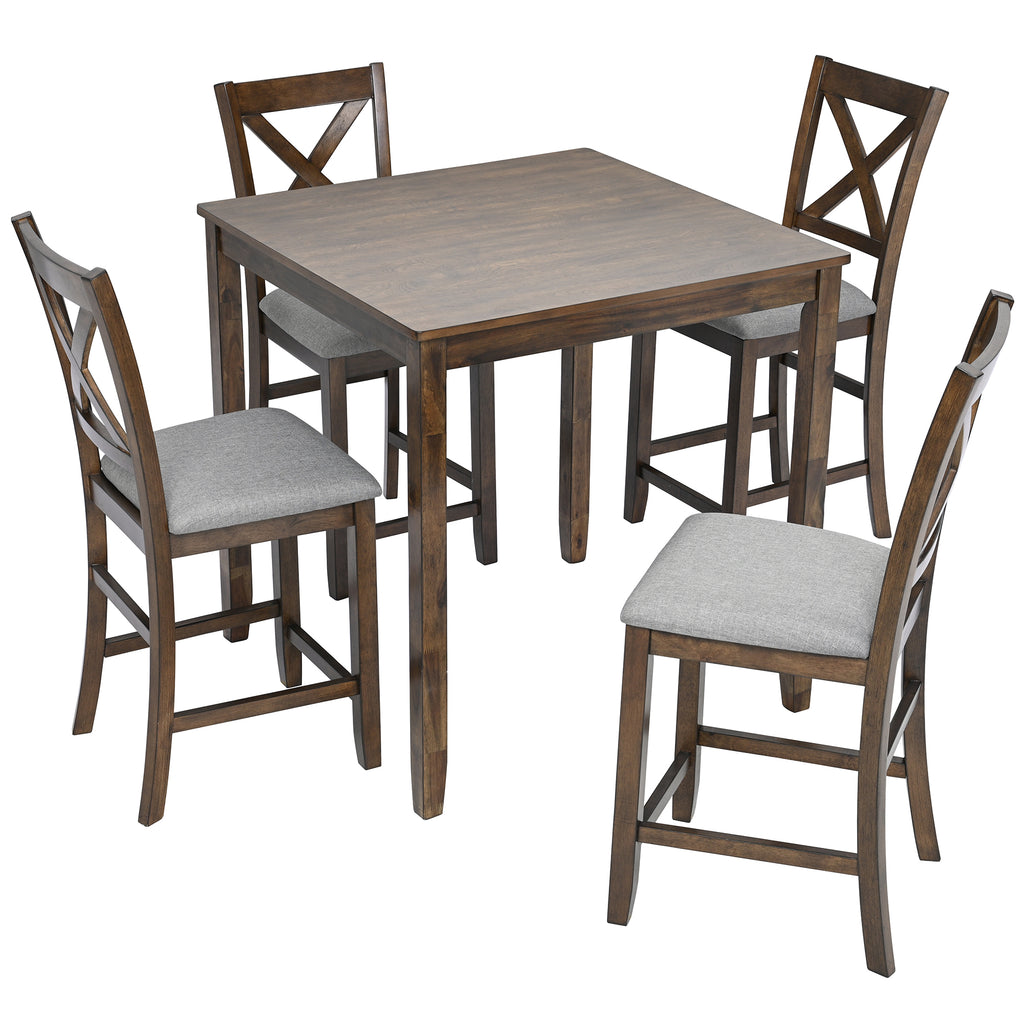 5 Piece Dining Table Set, Wooden Dining Square Table Set for 4, Counter Height Kitchen Table Set with Square Table and 4 Upholstered Chairs for Small Space, Walnut - Grand Goldman Shop
