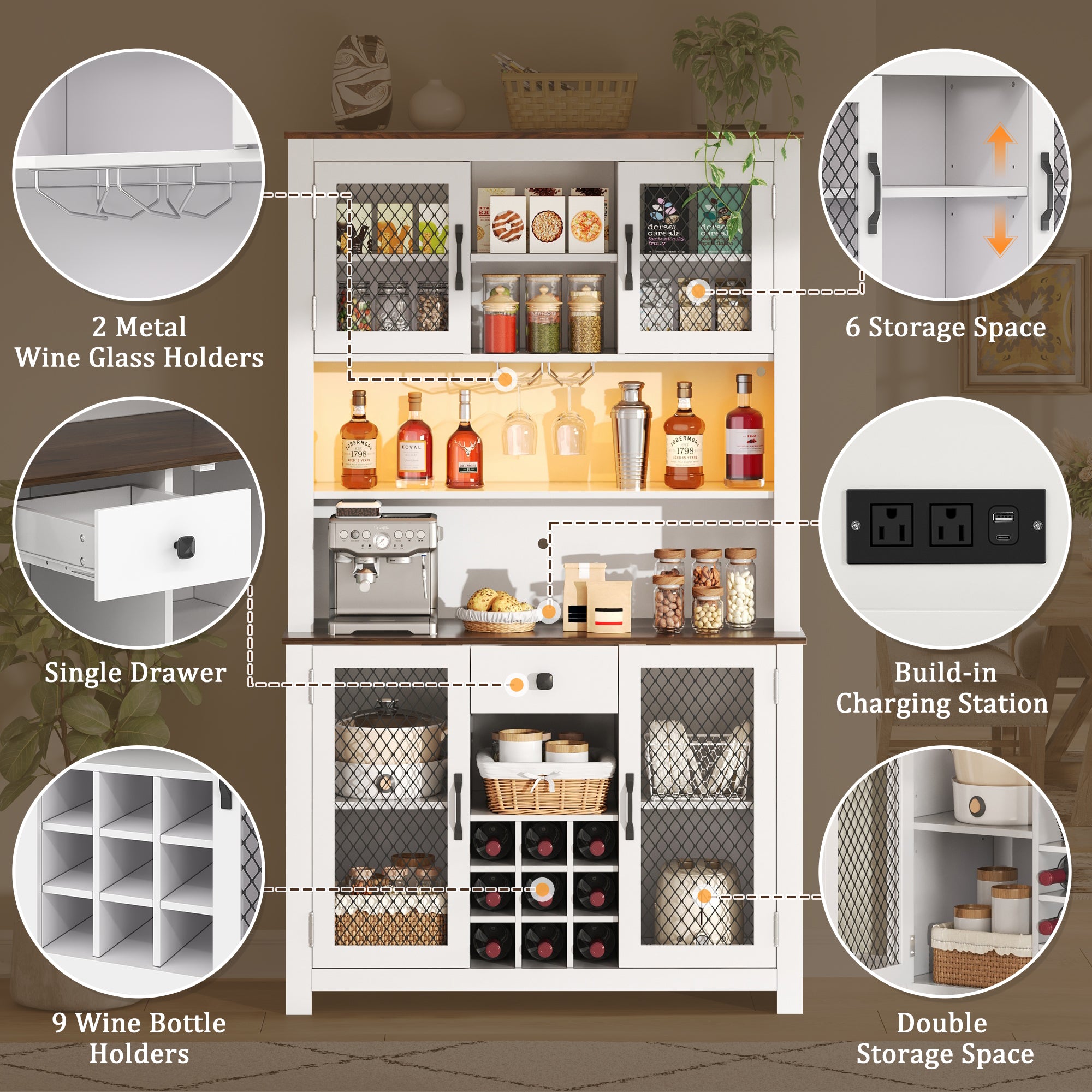 70.9' Kitchen Pantry Storage Cabinet Rustic Buffet Cabinet, Kitchen Hutch Cabinet with LED Outlets Food Pantry Cabinet with Doors and Shelves Wine Rack for Dining Room, White - Grand Goldman Shop