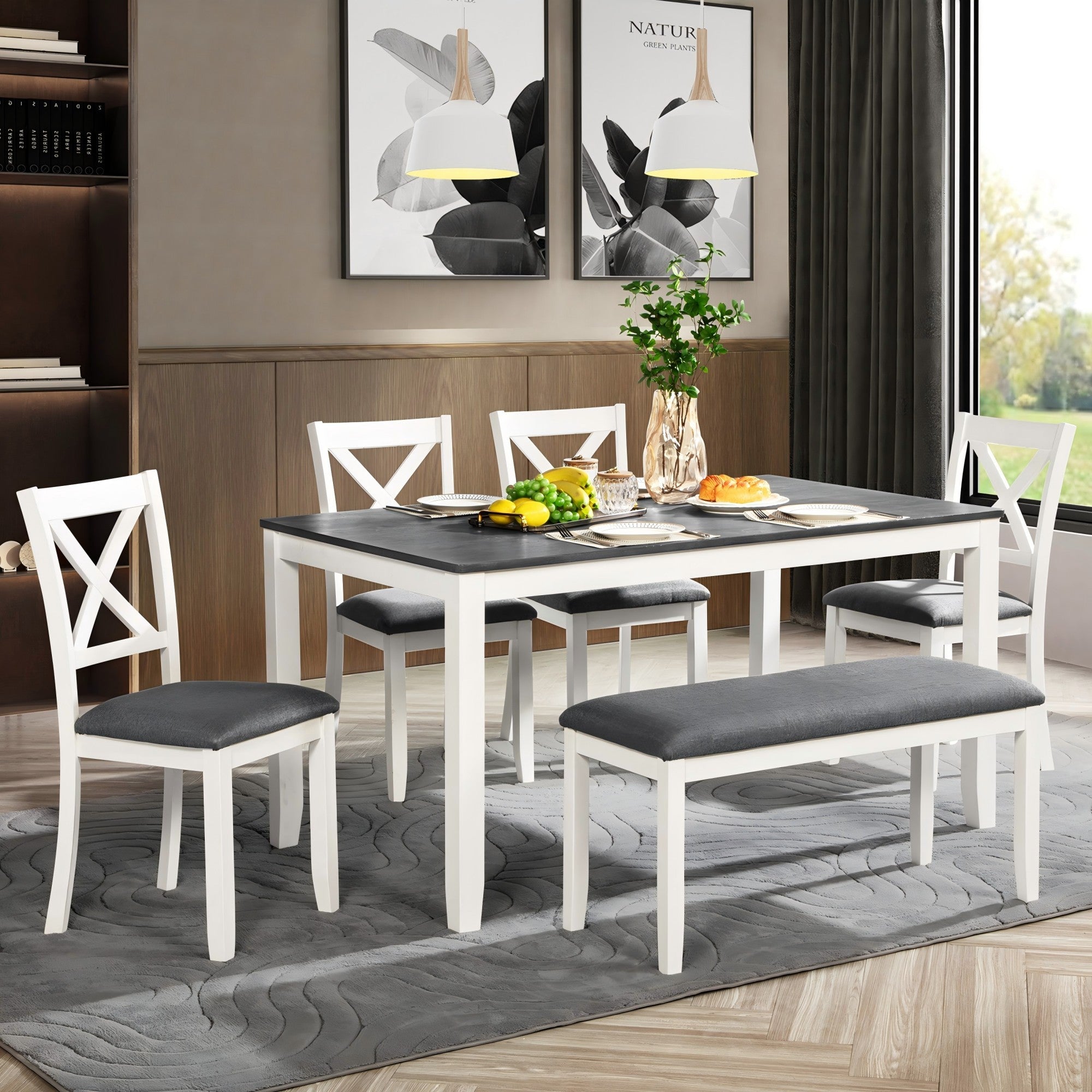Modern 6-Piece Dining Table Set with Bench and Chairs for Dining Room or Kitchen – Grey & White Two-Tone - Grand Goldman Shop