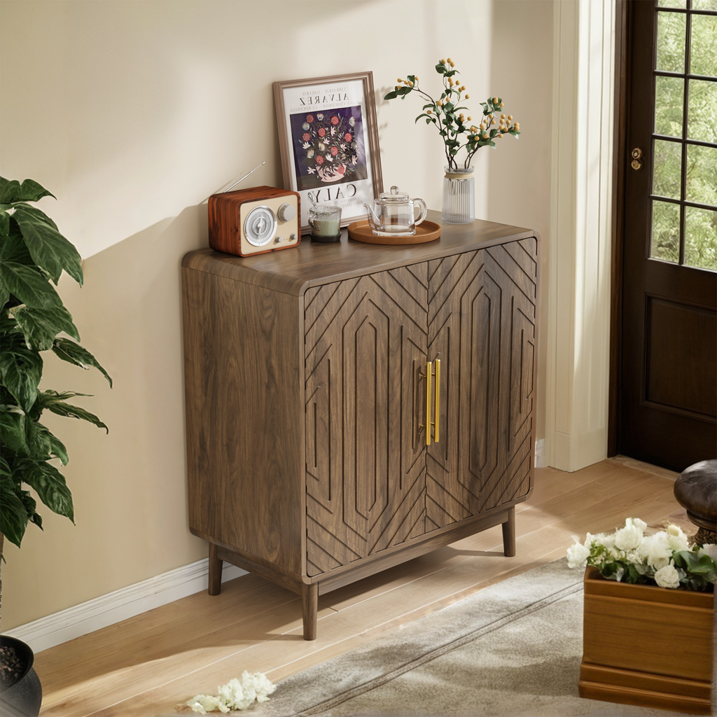 Modern Sideboard Buffet Cabinet with Carved 2 Doors and Adjustable Layer Board for Living Room and Kitchen, Walnut, MDF - Grand Goldman Shop
