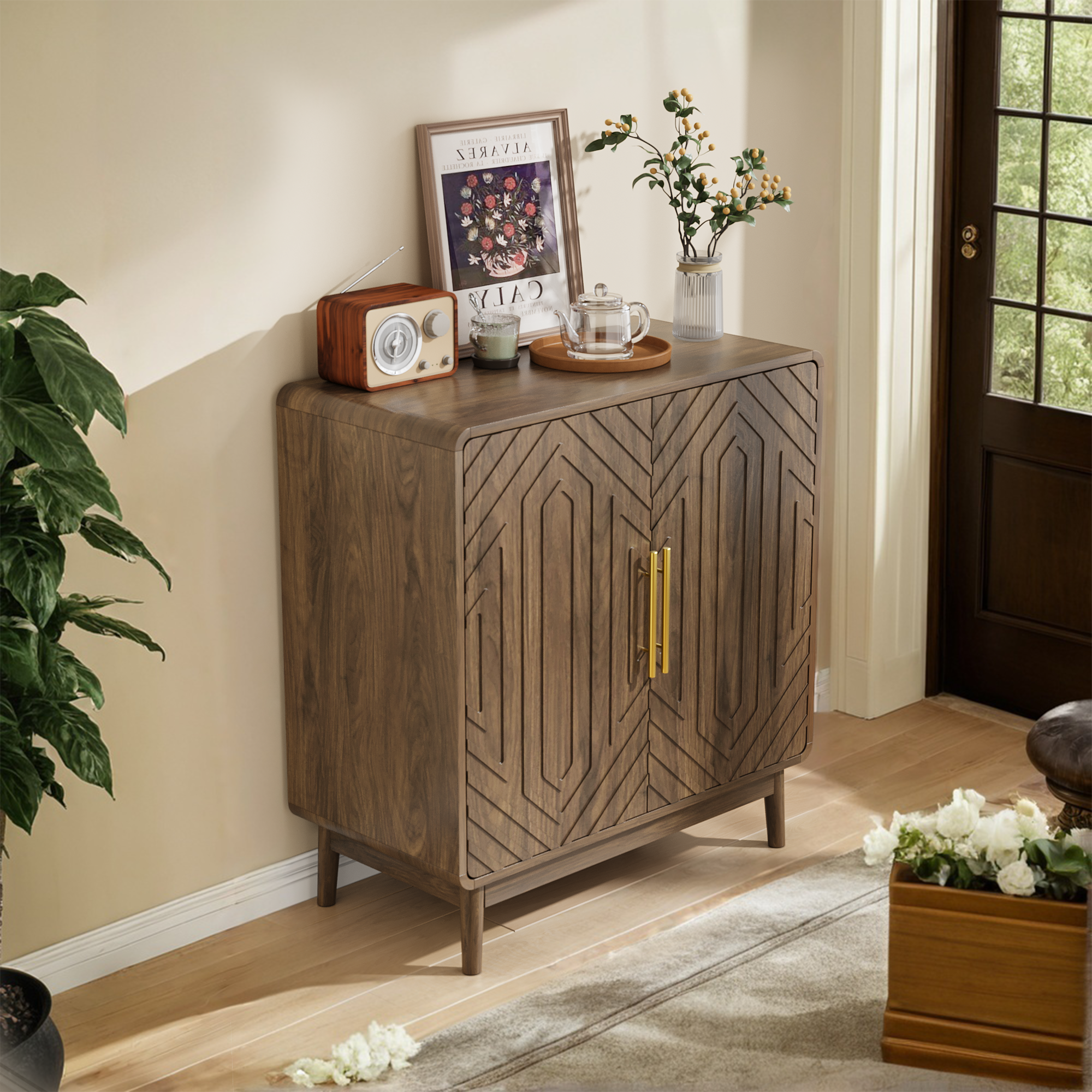 Modern Sideboard Buffet Cabinet with Carved 2 Doors and Adjustable Layer Board for Living Room and Kitchen, Walnut, MDF - Grand Goldman Shop