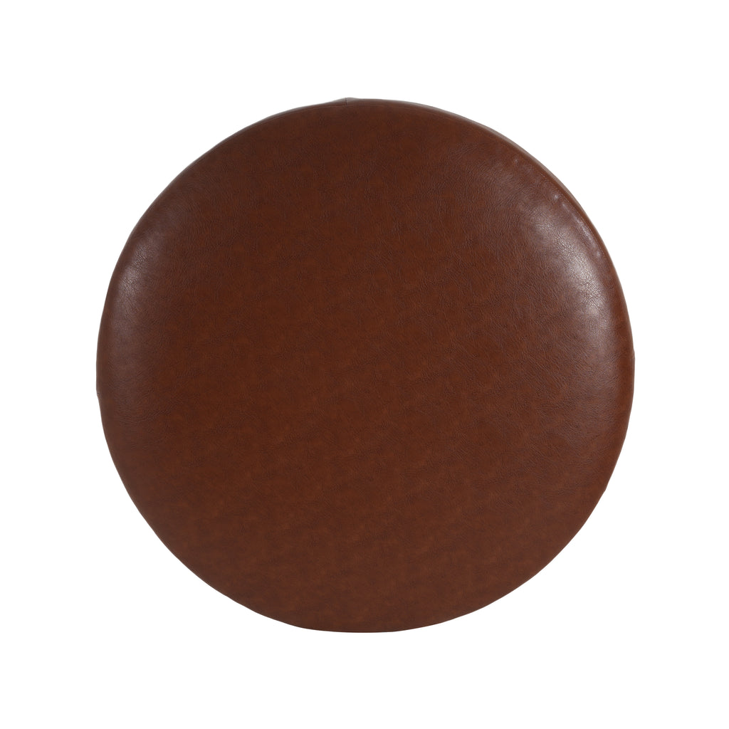 Upholstered Round Ottoman,PU Leather,Brown - Grand Goldman Shop
