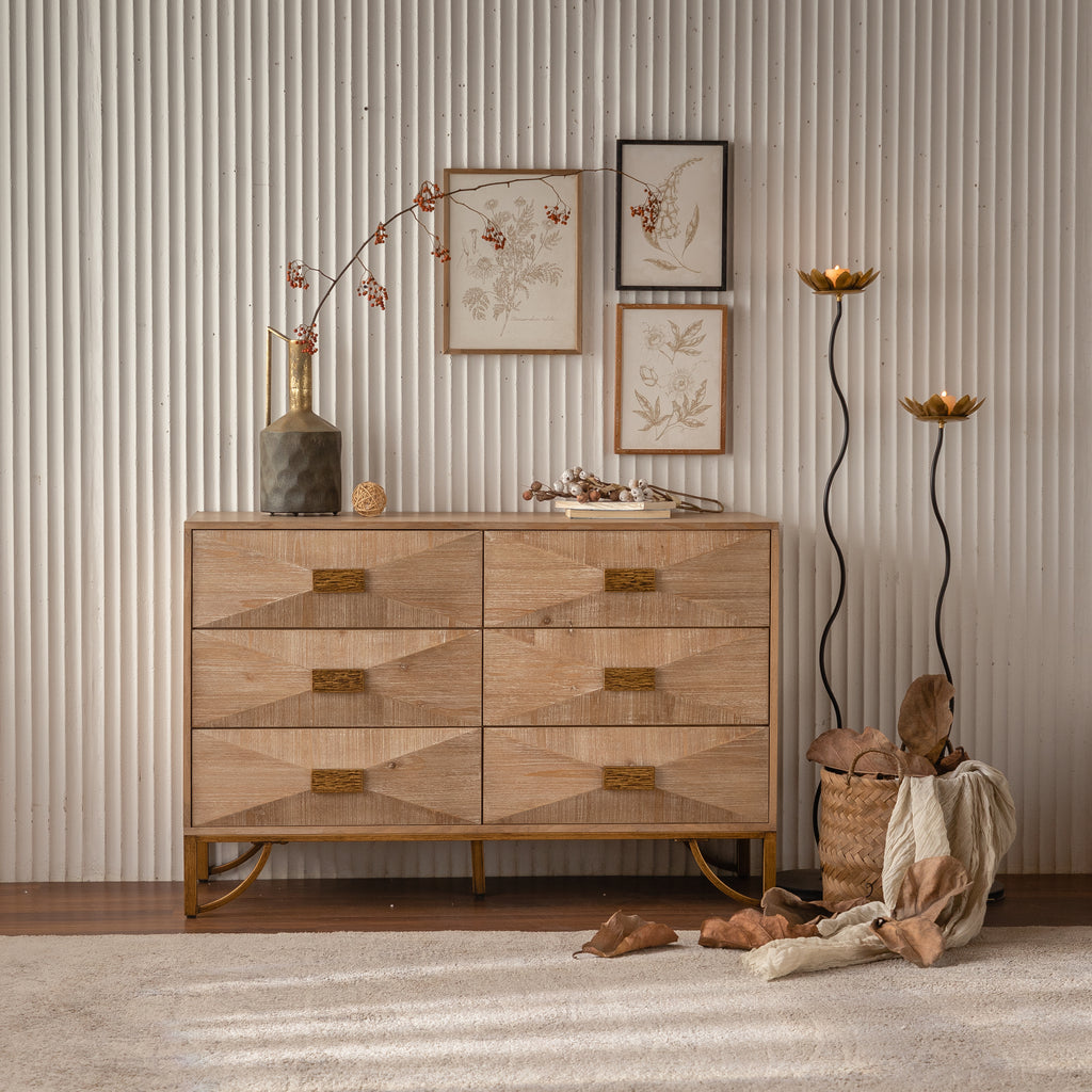 47.24' Light Wood 6-Drawer Dresser - Geometric Relief Chest of Drawers with Gold Metal Legs, Modern Sideboard Console Table for Living Room/Bedroom - Grand Goldman Shop