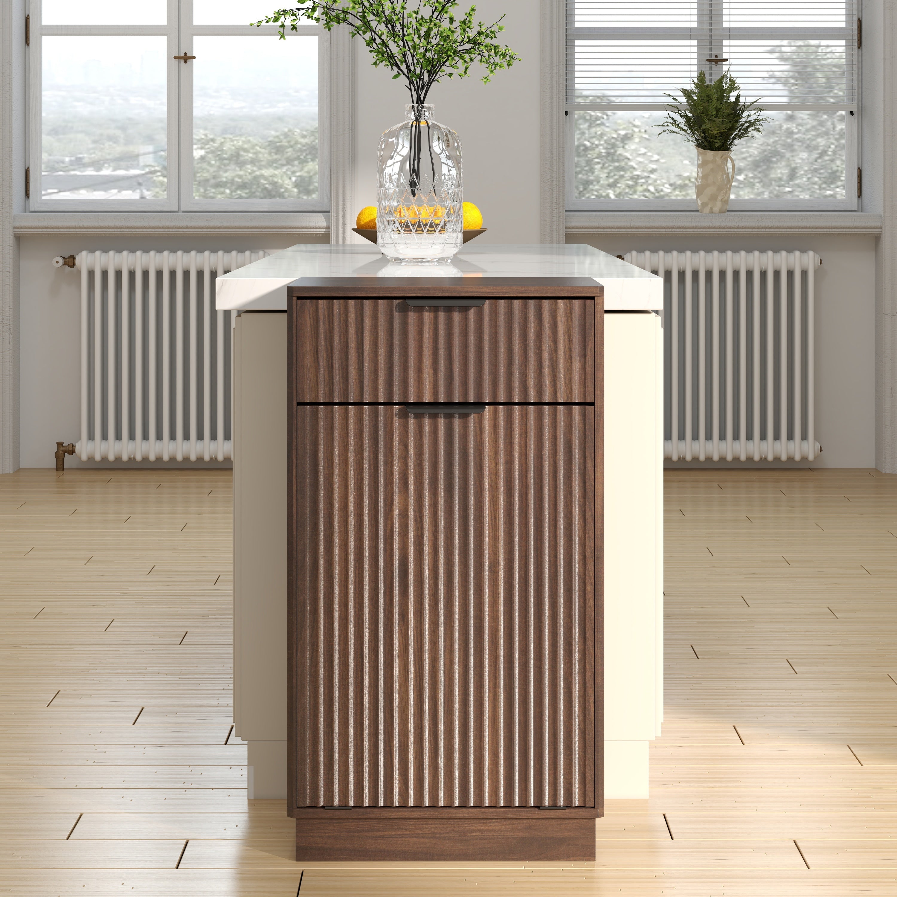 Woodgrain Tilt-Out Trash Can Cabinet with Wave-Textured Drawer & Pull-Out Bin in Walnut Finish - Grand Goldman Shop