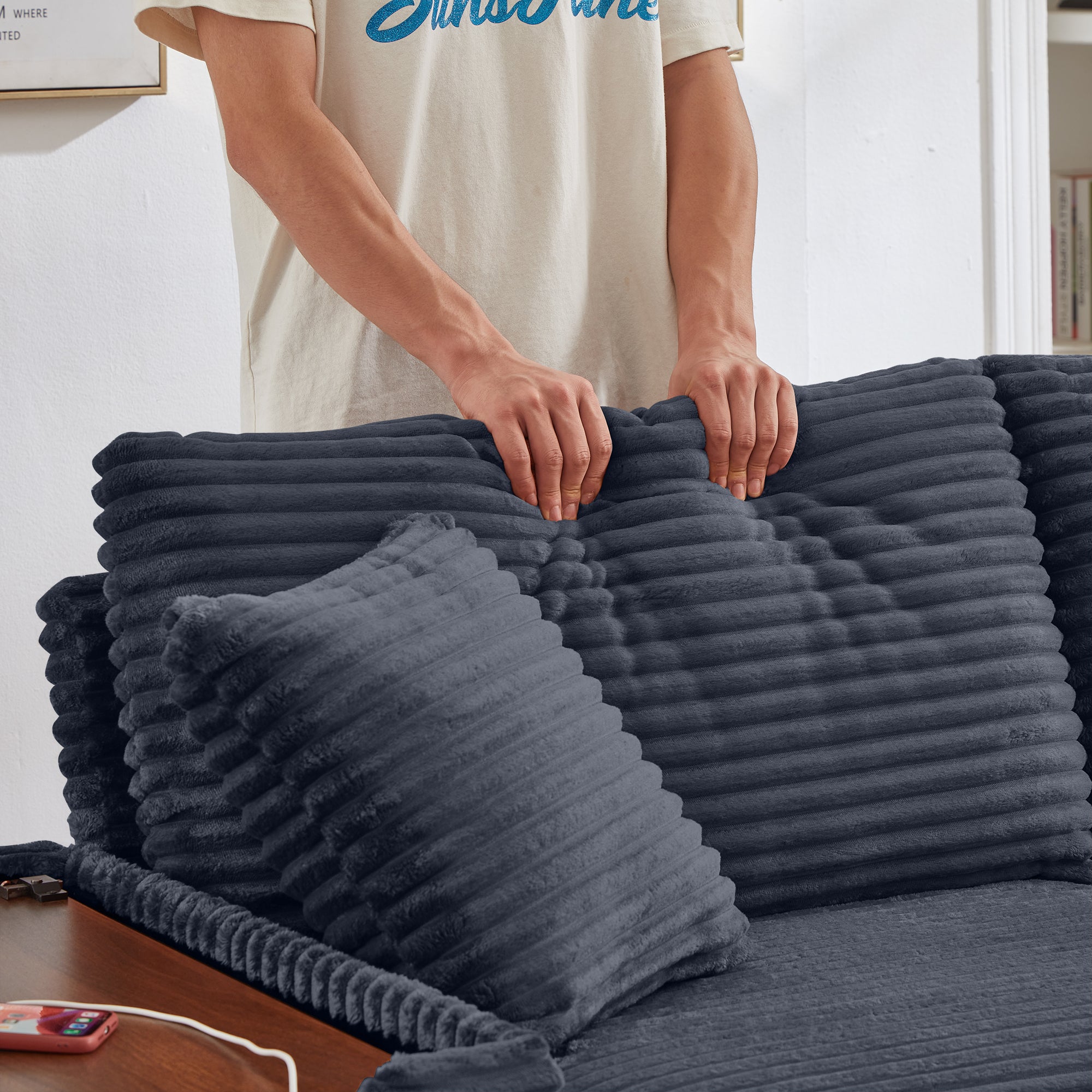 Comfortable Fluffy Corduroy Lazy Sofa, Storage Space for Big Loveseat, Super Soft Chaise Lounge with Double Ottomans and Table Board,Suitable for Chailiving - Grand Goldman Shop