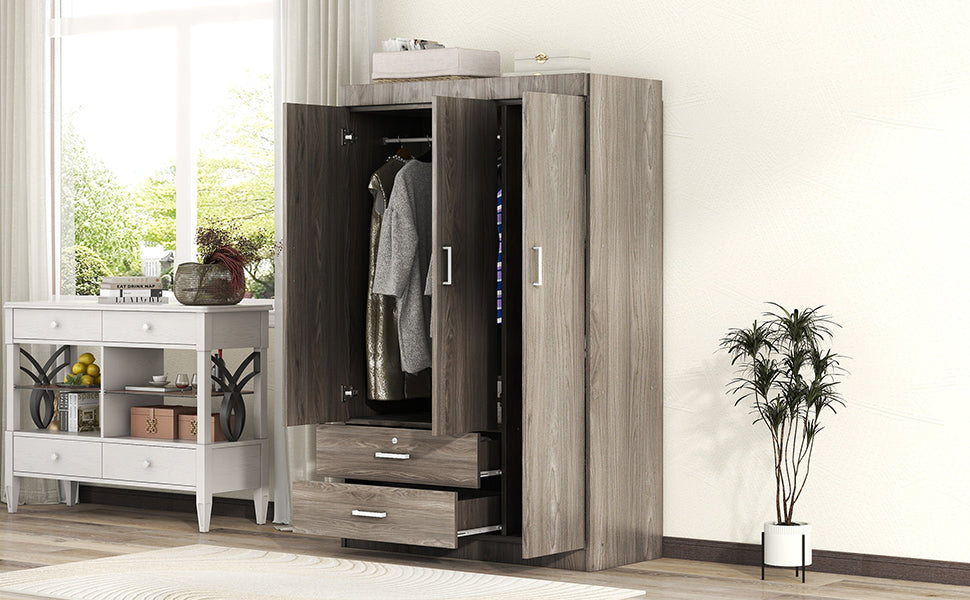 3-Door Wardrobe with 2 Drawers, Wood Grain Effect in Gray(OLD SKU:LP006001) - Grand Goldman Shop