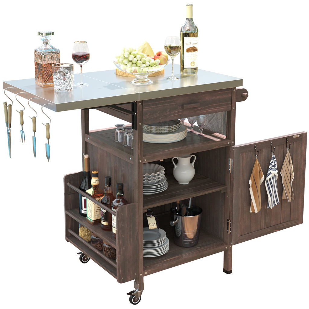 K&K 40.5' Outdoor Grill Cart with Stainless Steel Top, Solid Wood Outdoor Storage Cabinet with Drop Leaf, One Drawer, Towel Rack, Rolling Kitchen Cart with Lockable Wheels for Lawn Garden, Brown - Grand Goldman Shop