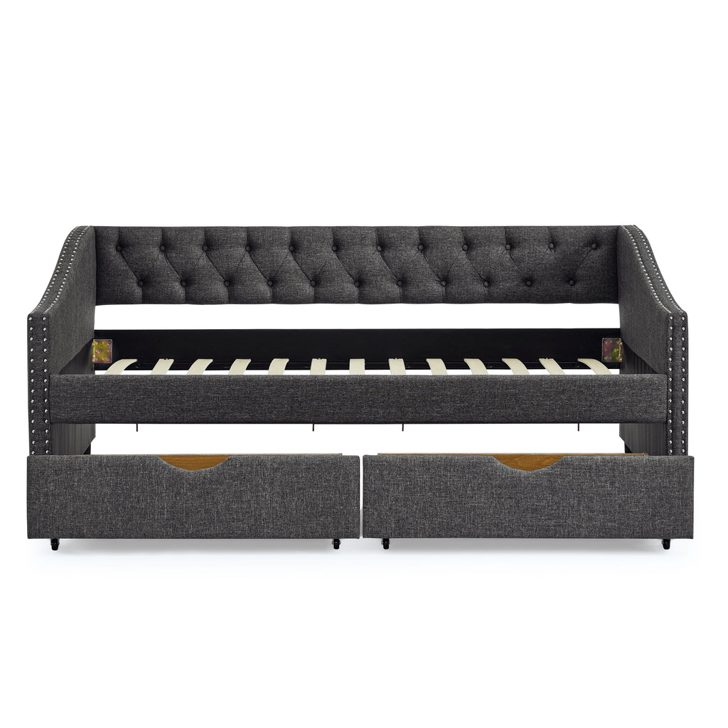 Twin Size Daybed with Drawers Upholstered Tufted Sofa Bed in Dark Grey Linen, Button Back and Copper Nail Trimmed Waved Arms, 81.5''x41''x30.5'' - Grand Goldman Shop