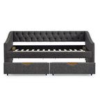 Twin Size Daybed with Drawers Upholstered Tufted Sofa Bed in Dark Grey Linen, Button Back and Copper Nail Trimmed Waved Arms, 81.5''x41''x30.5'' - Grand Goldman Shop