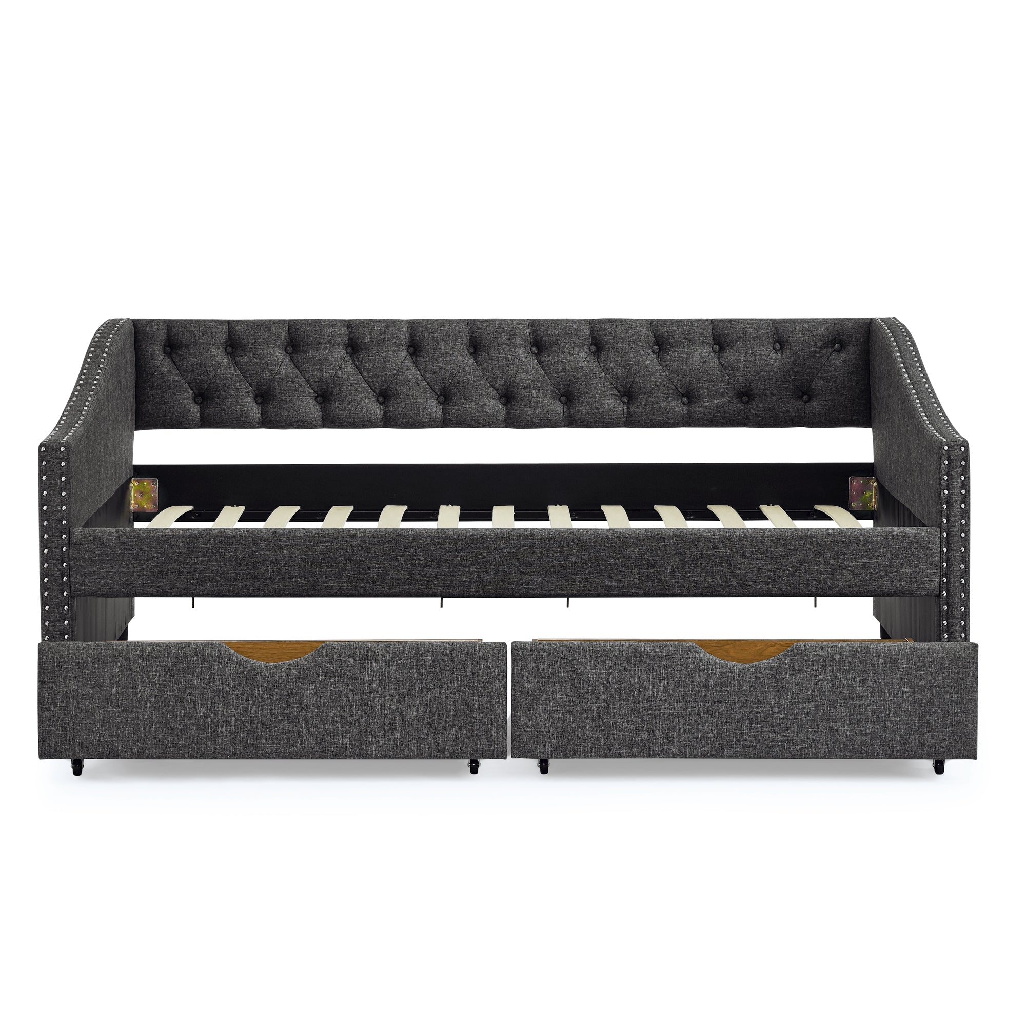 Twin Size Daybed with Drawers Upholstered Tufted Sofa Bed in Dark Grey Linen, Button Back and Copper Nail Trimmed Waved Arms, 81.5''x41''x30.5'' - Grand Goldman Shop