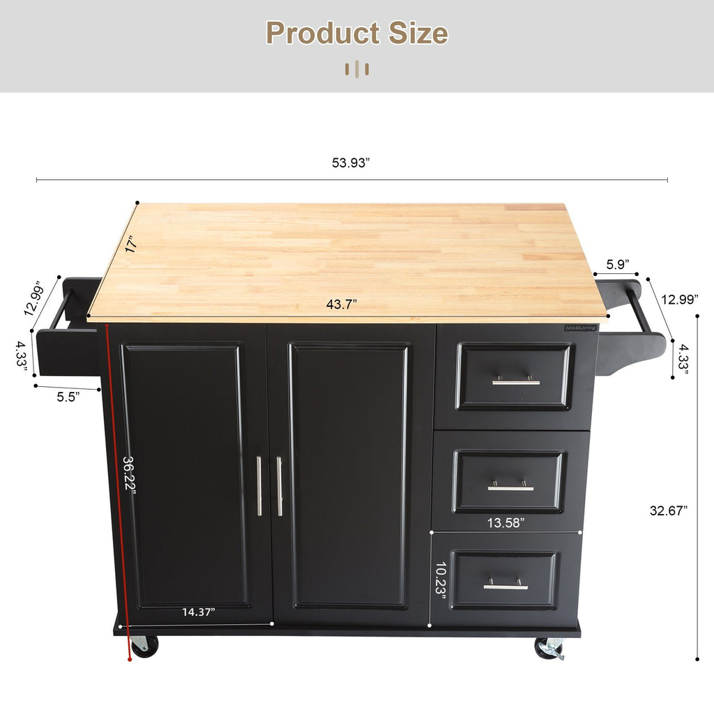 Kitchen Island & Kitchen Cart, Mobile Kitehcn Island with Extensible Rubber Wood Table Top,adjustable Shelf Inside Cabinet for Different Utensils, 3 Big Drawers, with Spice Rack, Towel Rack, Black-Bee - Grand Goldman Shop