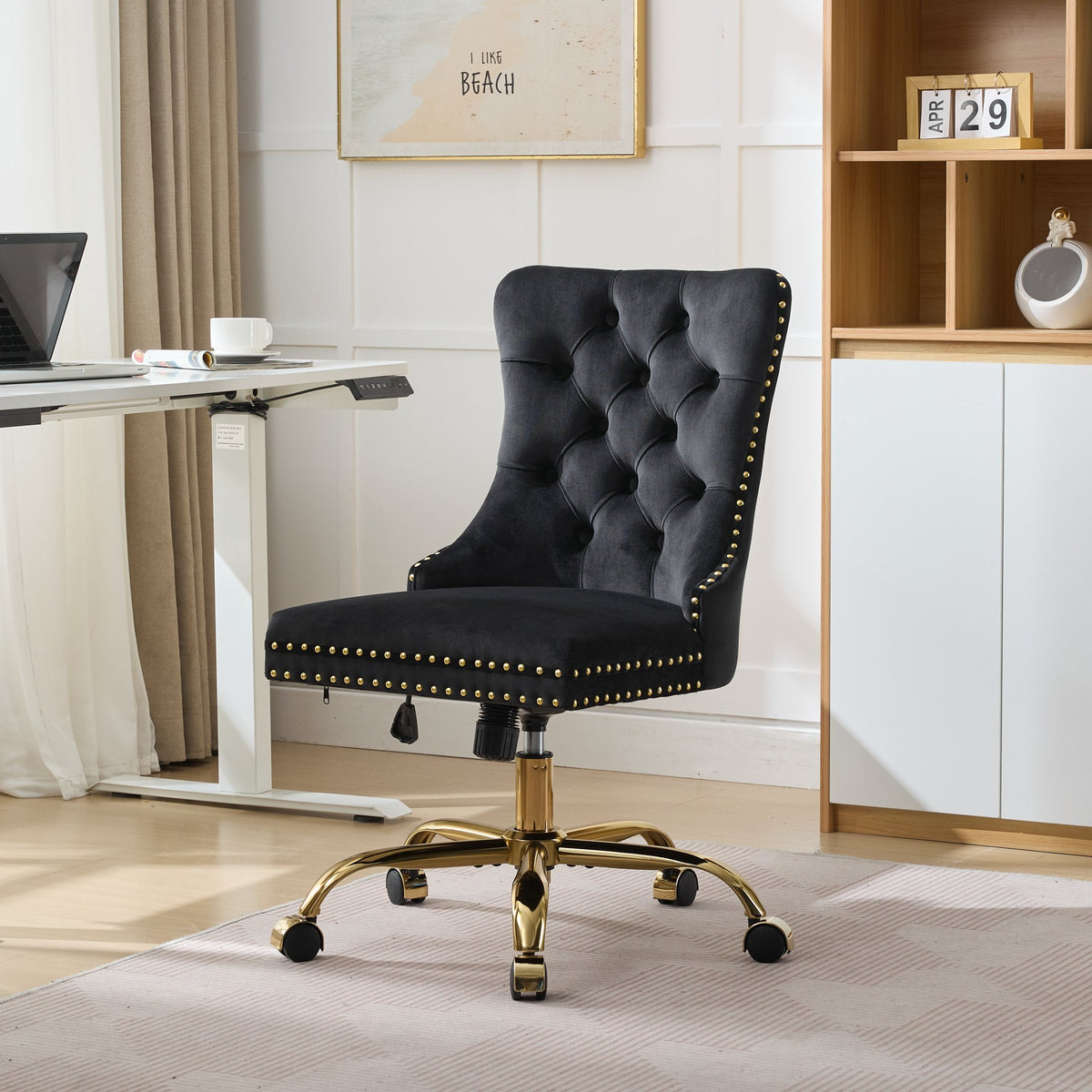 A&A Furniture Office Chair,Modern Velvet Upholstered Tufted Button Home Office Chair with Golden Metal Base,Adjustable Desk C