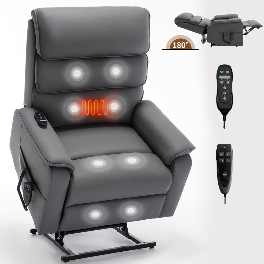 Grey Cat-proof Leather Dual Motor Infinite Position Up to 350 LBS Power Lift Recliner Chair with Power-Remote, Heat Massage and Heavy Duty Motion Mechanism - Grand Goldman Shop