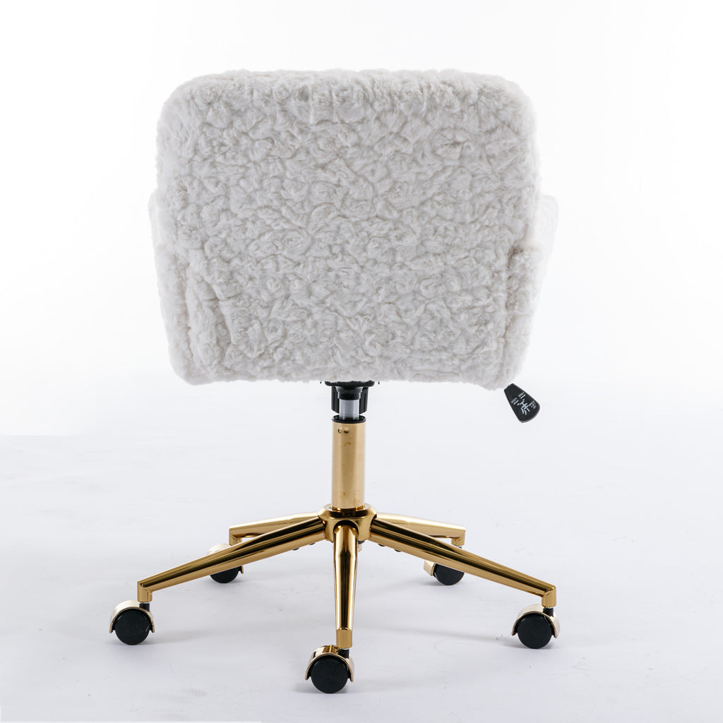 Stylish A&A Furniture Artificial Rabbit Hair Office Chair with Golden Metal Base, Adjustable Swivel Vanity Chair, Beige Velve