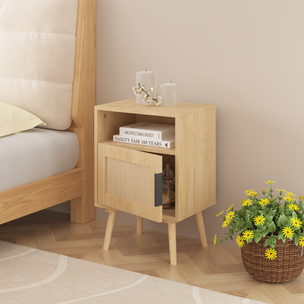Oak Finish Rattan Nightstand with Solid Wood Legs, 22.83'' H Side Table with Door and Open Shelf for Bedroom, Dorm, and Small Spaces - Grand Goldman Shop