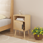 Oak Finish Rattan Nightstand with Solid Wood Legs, 22.83'' H Side Table with Door and Open Shelf for Bedroom, Dorm, and Small Spaces - Grand Goldman Shop