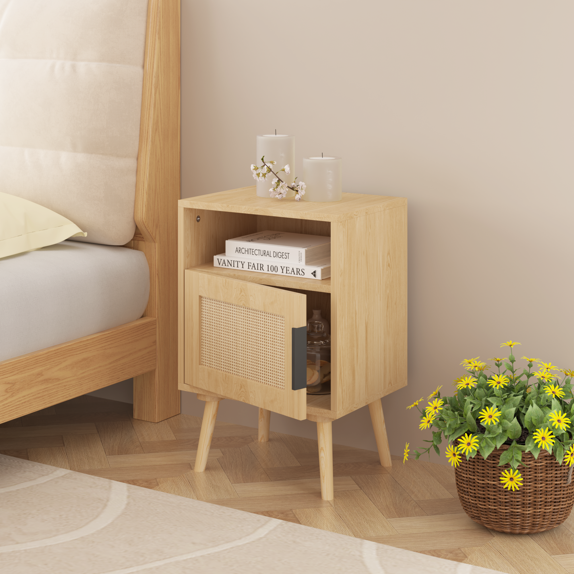 Oak Finish Rattan Nightstand with Solid Wood Legs, 22.83'' H Side Table with Door and Open Shelf for Bedroom, Dorm, and Small Spaces - Grand Goldman Shop