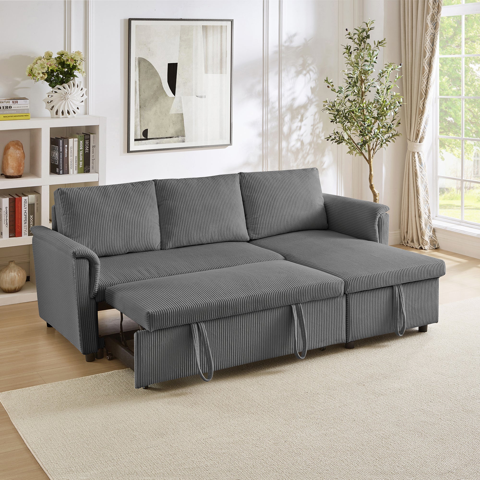 Loveseat Sofa with Chaise Lounge L-Shaped Modular Convertible Sofa with Storage Chaise, Corduroy Tufted Upholstered Sleeper Sectional Sofa,Pull Out Sleep Couch Bed and Reclining Backrest-Gray - Grand Goldman Shop