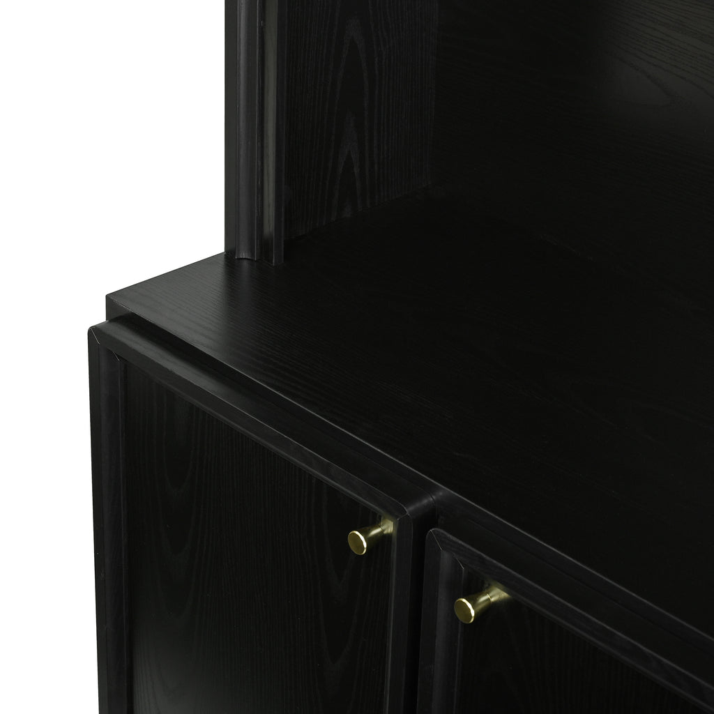ON-TREND Farmhouse All-in-One Hall Tree with Adjustable Shelves, Retro Arched Entryway Storage Bench with 3 Cabinets, Wooden Coat Rack Organizer with 4 Golden Hooks for Mudroom, Hallway, Black - Grand Goldman Shop