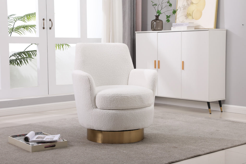 Teddy Swivel Barrel Chair, Swivel Accent Chairs Armchair for Living Room, Reading Chairs for Bedroom Comfy, Round Barrel Chairs with Gold Stainless Steel Base (Ivory) - Grand Goldman Shop