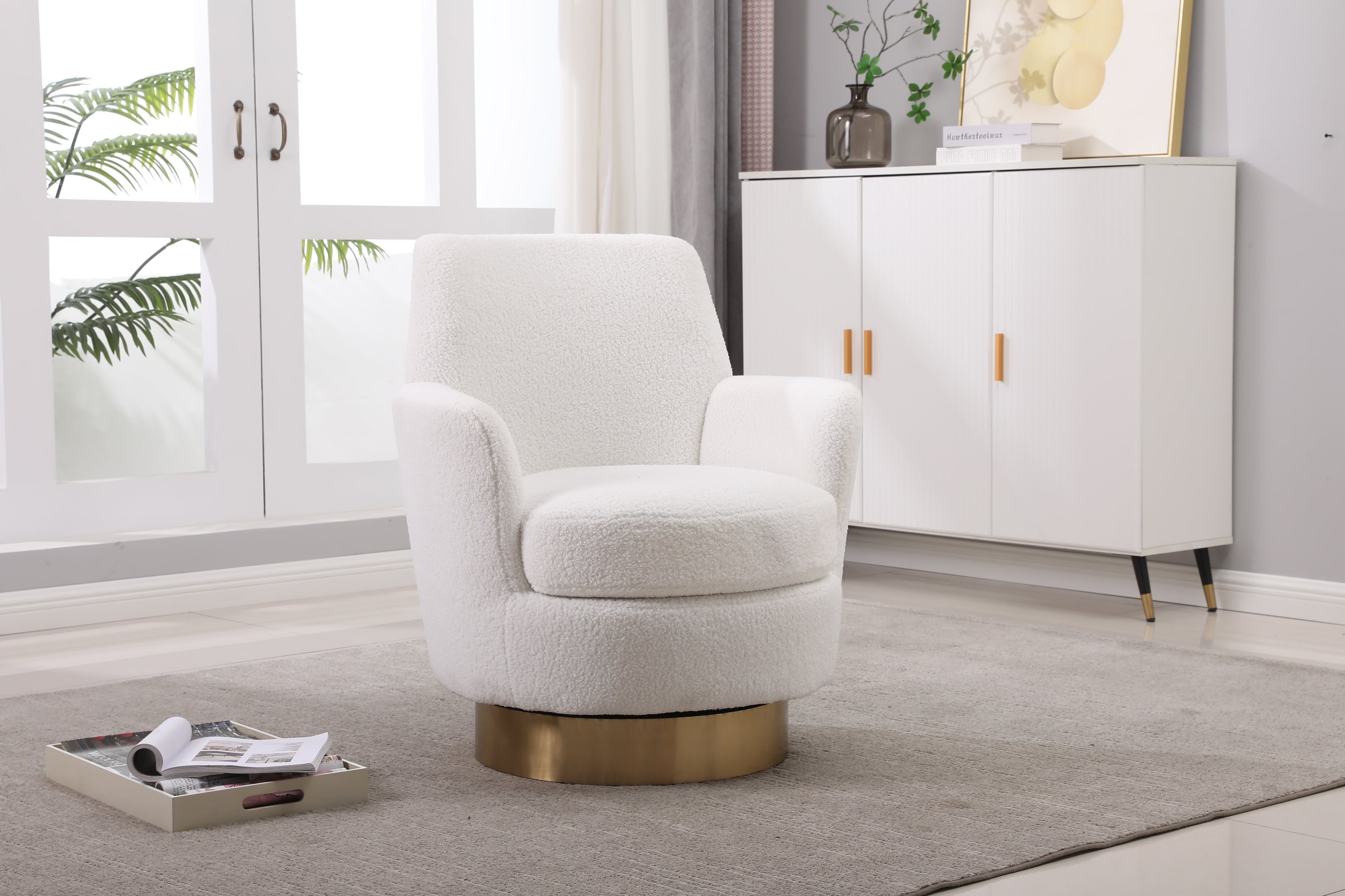 Teddy Swivel Barrel Chair, Swivel Accent Chairs Armchair for Living Room, Reading Chairs for Bedroom Comfy, Round Barrel Chairs with Gold Stainless Steel Base (Ivory) - Grand Goldman Shop