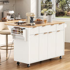 K&K Fluted Kitchen Island with Storage, 55.5' Kitchen Island with Drop Leaf, Power Outlet, 4 Doors and 3 Drawers, Rolling Island Table with Wood-grain Top, Curved Edge for Kitchen,Dining Room White - Grand Goldman Shop