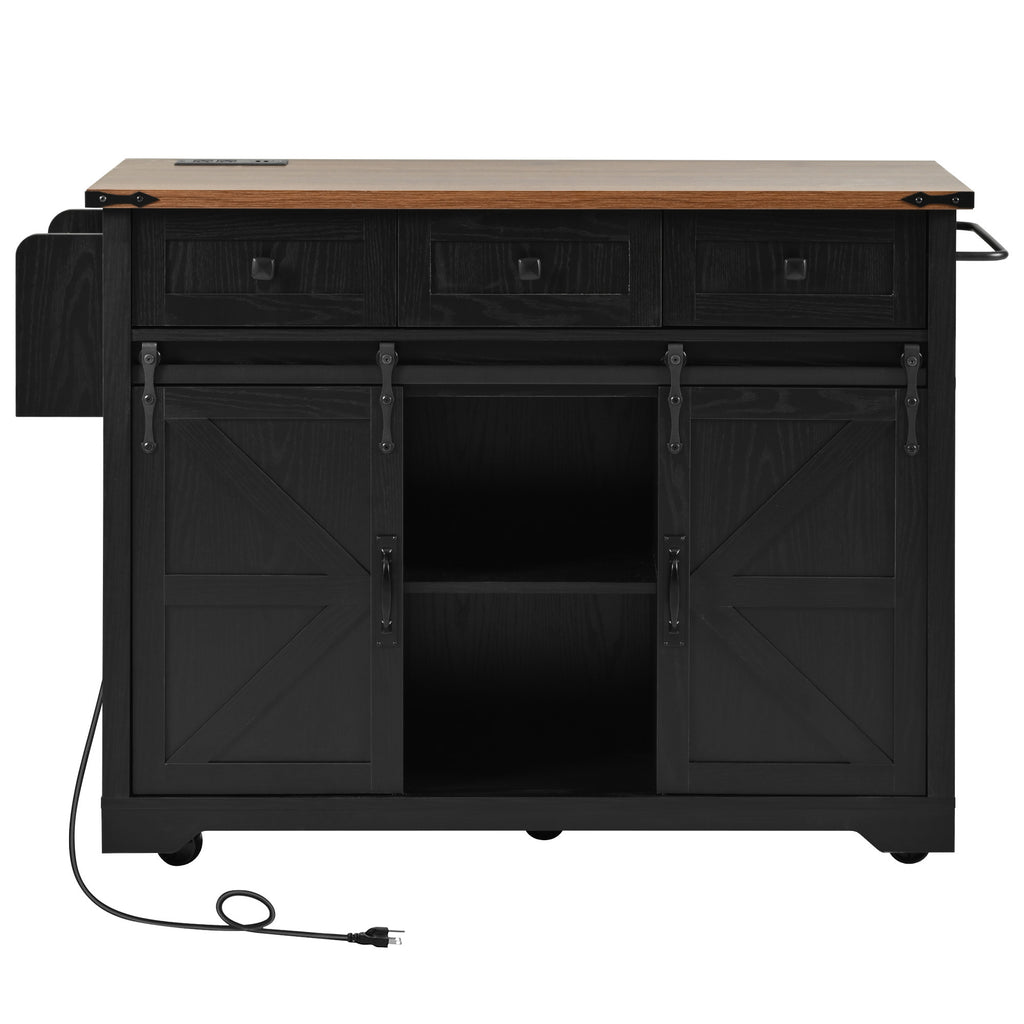 K&K 53.7' Farmhouse Kitchen Island with Power Outlet, 2 Sliding Barn Door Kitchen Storage Island with Drop Leaf, Spice Rack Rolling Kitchen Cart on Wheels, for Home, Kitchen and Dining Room, Black - Grand Goldman Shop