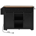 K&K 53.7' Farmhouse Kitchen Island with Power Outlet, 2 Sliding Barn Door Kitchen Storage Island with Drop Leaf, Spice Rack Rolling Kitchen Cart on Wheels, for Home, Kitchen and Dining Room, Black - Grand Goldman Shop