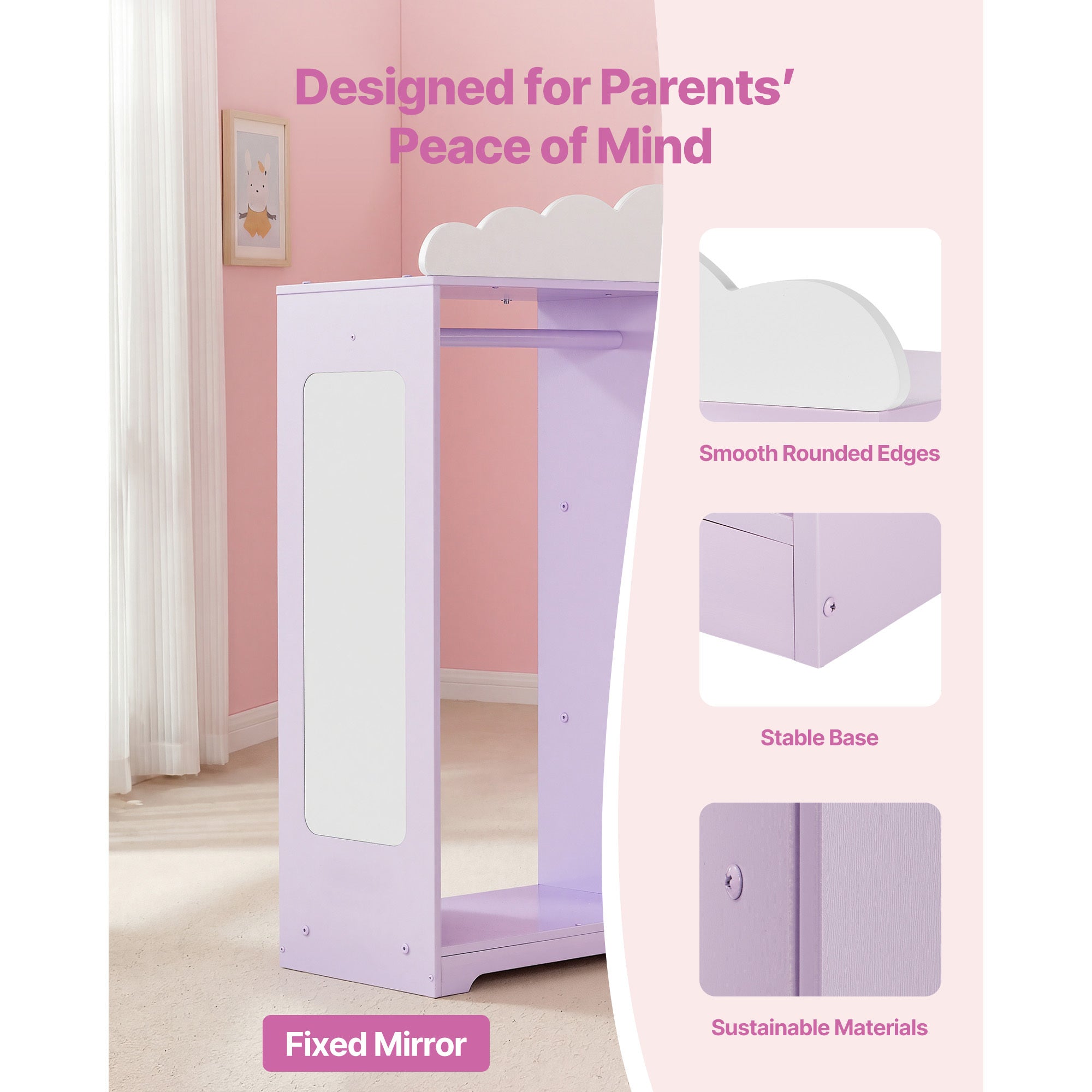 Kids Dress Up Storage, with Jewelry Cabinet, Dress Up Closet with Mirror and Shelves, Princess Costumes Wardrobe Closet, Todd