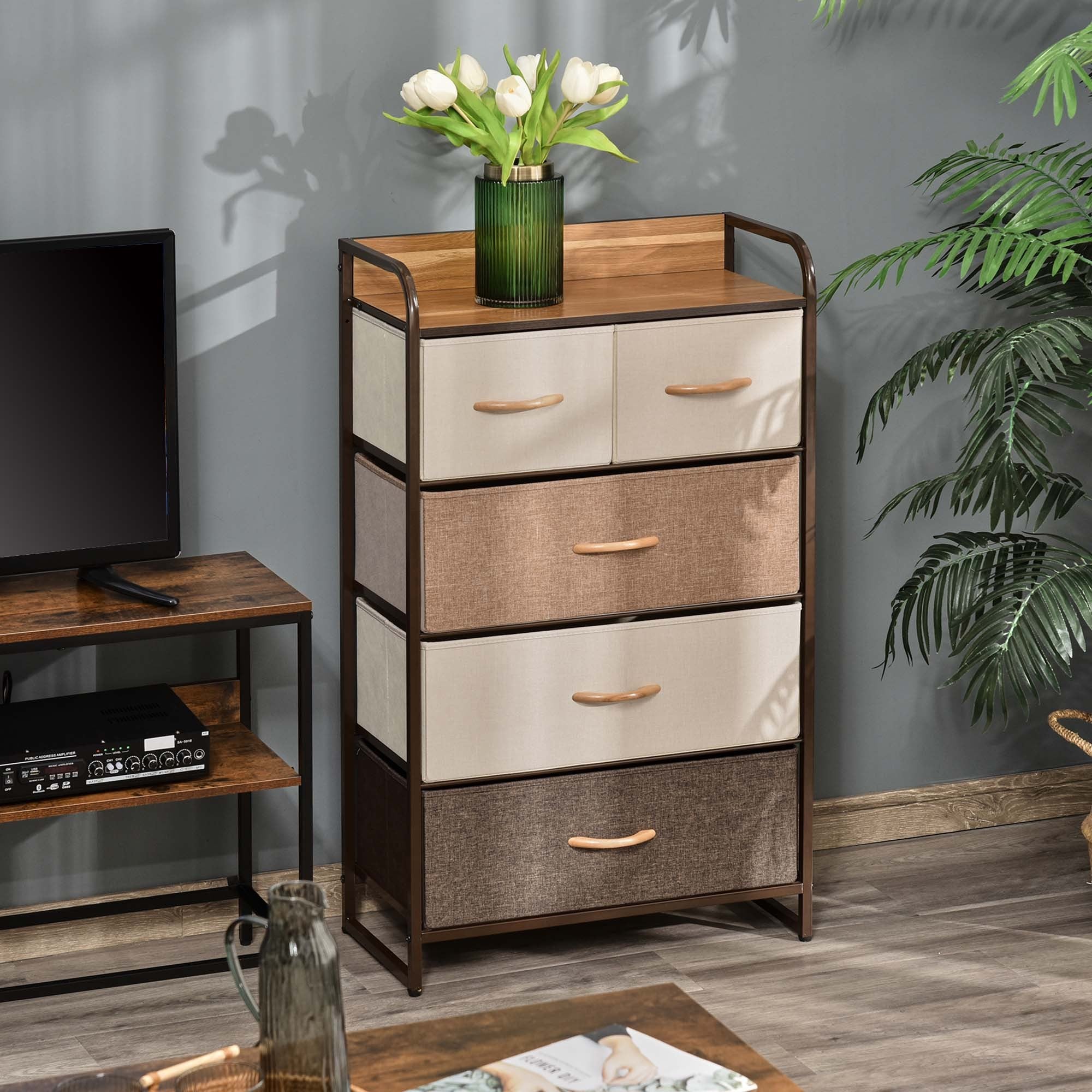 HOMCOM 5-Drawer Dresser, Fabric Drawers, 4-Tier Storage Organizer for Bedroom Entryway, Tower Unit with Steel Frame Wooden Top, Maple Wood - Grand Goldman Shop