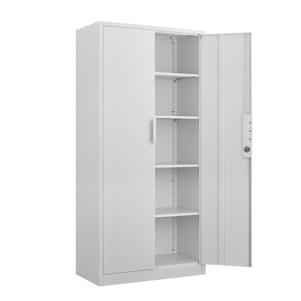 70-Inch Two-Door File Cabinet with Lock, 4 Adjustable Shelves, Heavy-Duty Steel, White Finish for Office Storage - Grand Gold