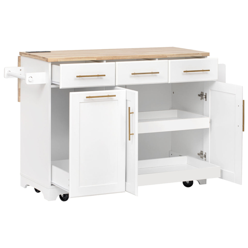 K&K 59.3' Kitchen Island with Storage 2 Pull Out Cabinet Organizers & Rubber Wood Drop Leaf, Rolling Kitchen Island with Trash Can Storage, Power Outlet, Spice & Towel Rack for Kitchen, Dining, White - Grand Goldman Shop