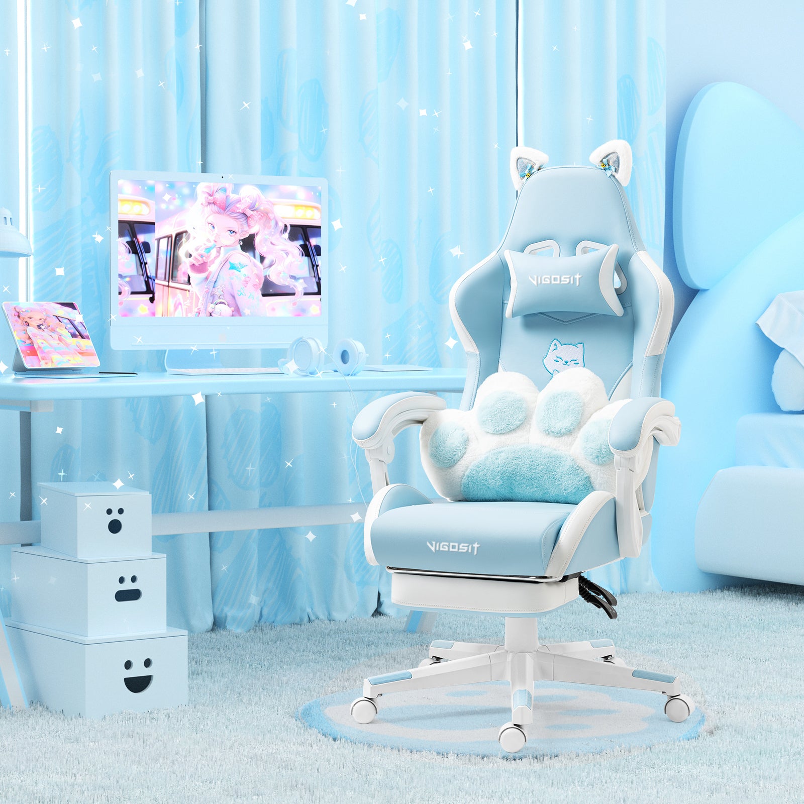 Cat Ears Gaming Chair - Ergonomic PU Leather Office Chair, Cute Chair with Footrest for Adult 310lbs Capacity, 90°-155° Recli