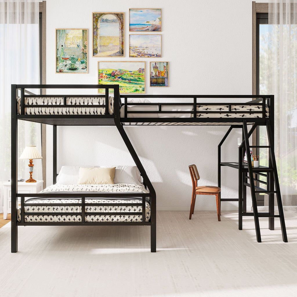Twin over Full Bunk Bed with Loft and Desk, Metal Black, L-Shaped Design for 3 Sleepers - Grand Goldman Shop