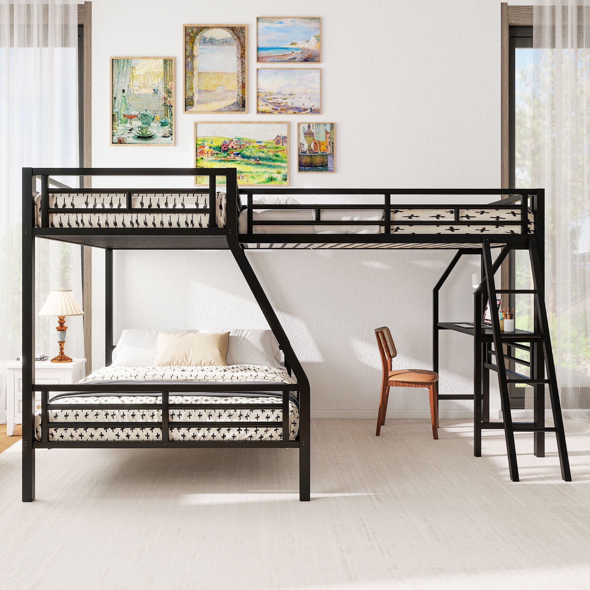 Twin over Full Bunk Bed with Loft and Desk, Metal Black, L-Shaped Design for 3 Sleepers - Grand Goldman Shop