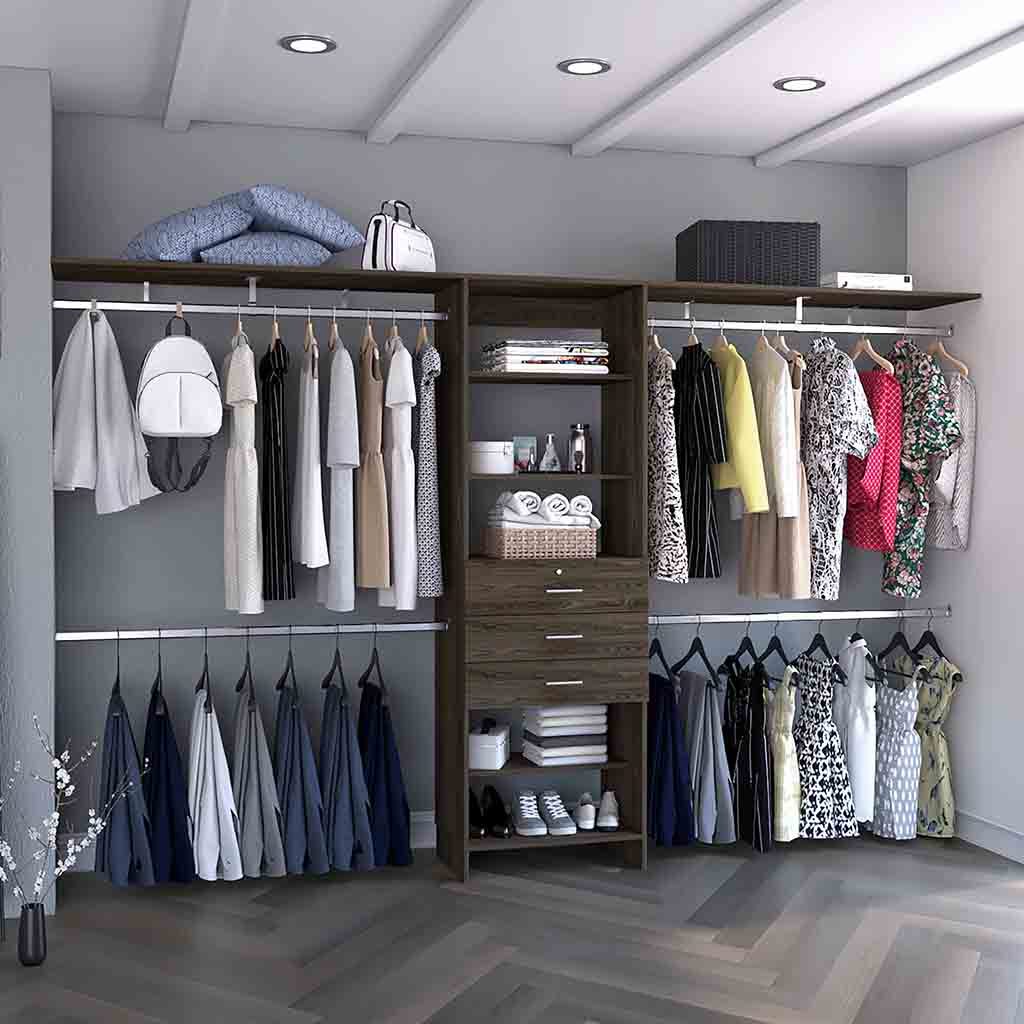 Plego 69'W - 118'W Drawers Closet System, Five Shelves, Four Hanging Rods, Three Drawers -Dark Walnut - Grand Goldman Shop