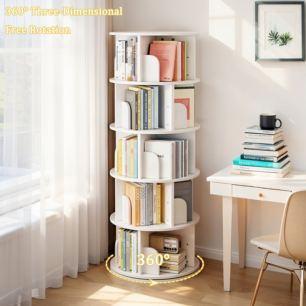 5 Tier Rotating Bookshelf, 360° Display Round Spinning Bookshelf, Space-Saving, Small Space Rotating Bookshelf Tower for Bedroom, Living Room, Home, Office, Warm White - Grand Goldman Shop