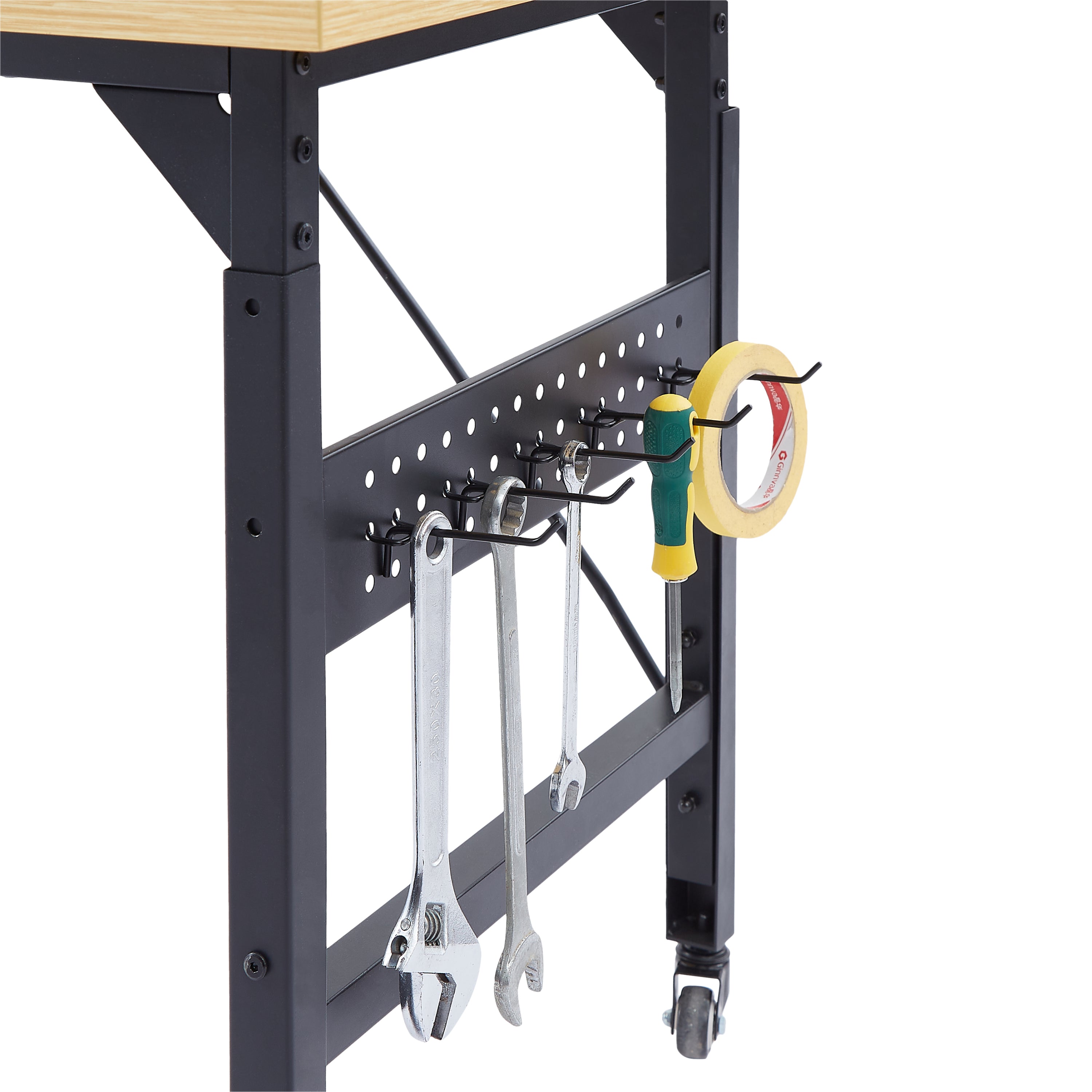 71''Adjustable Workbench with pegboard, Heavy Duty Wooden Desktop Workbench with Wheels, 1600 lb. Load Capacity, Rolling Work