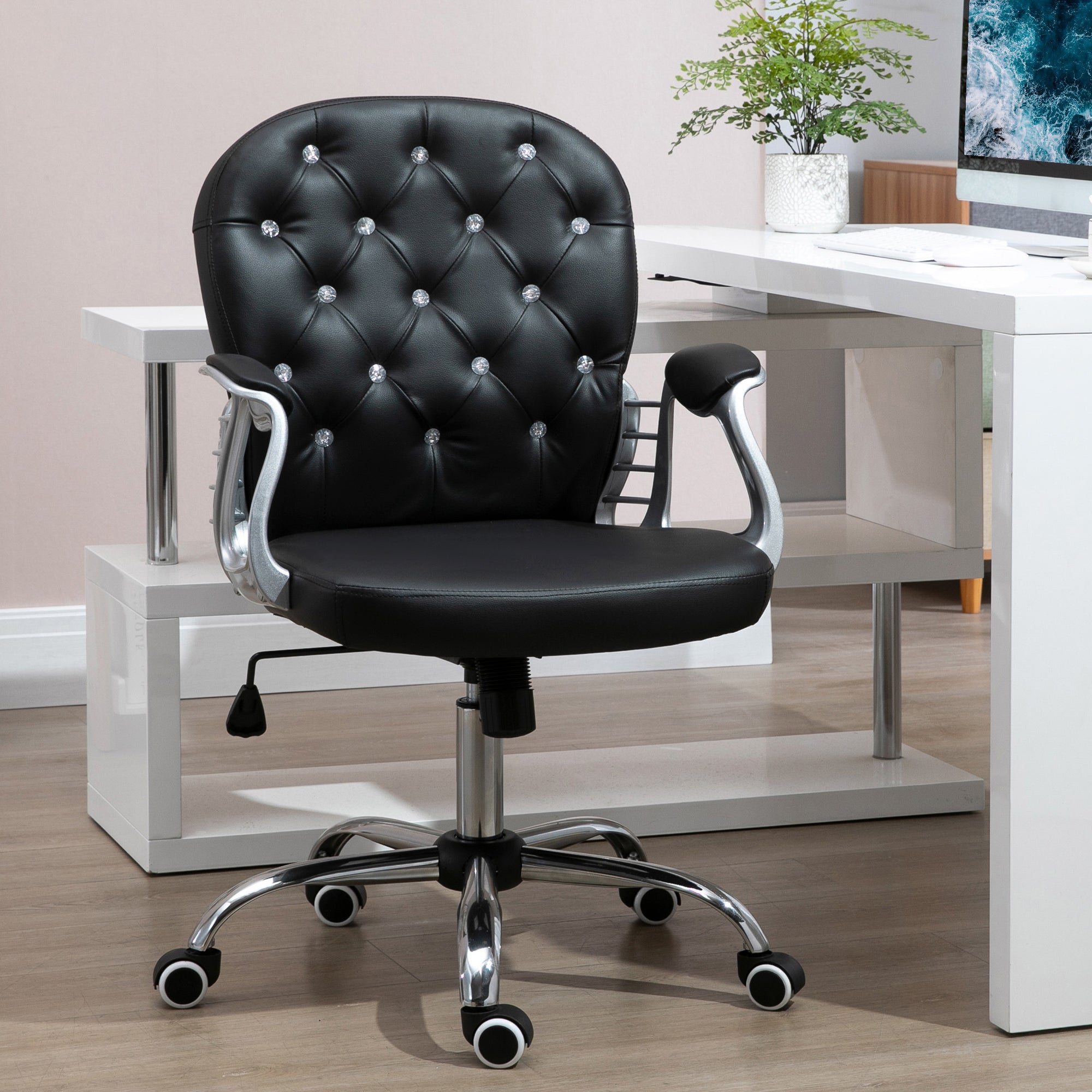 Vinsetto PU Leather Home Office Chair, Button Tufted Desk Chair with Padded Armrests, Adjustable Height and Swivel Wheels, Bl