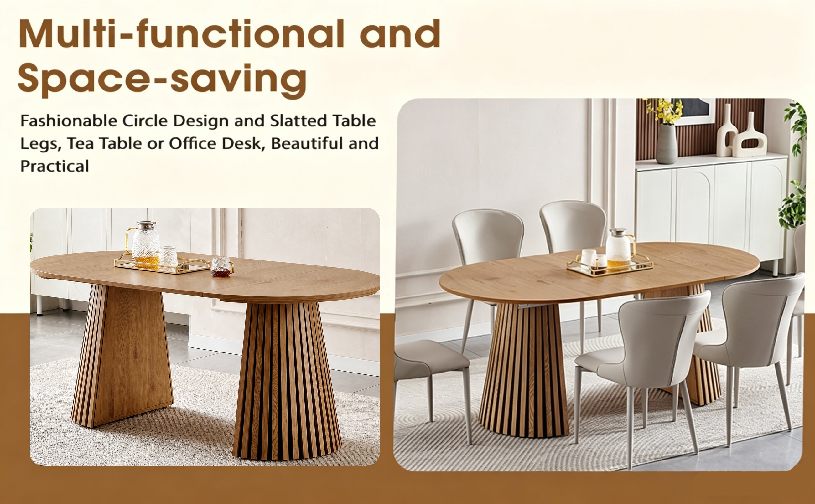 Wooden Dining Table, Flexible and Extendable, Multi-functional and Space-saving, Fashionable Oval Design and Slatted Table Legs, Tea Table or Office Desk, Beautiful and Practical - Grand Goldman Shop