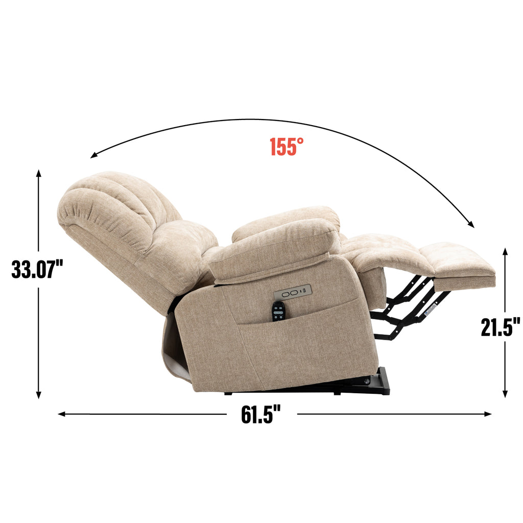 23' Seat Width and High Back Large Size Beige Chenille Power Lift Recliner Chair with 8-Point Vibration Massage and Lumbar Heating - Grand Goldman Shop