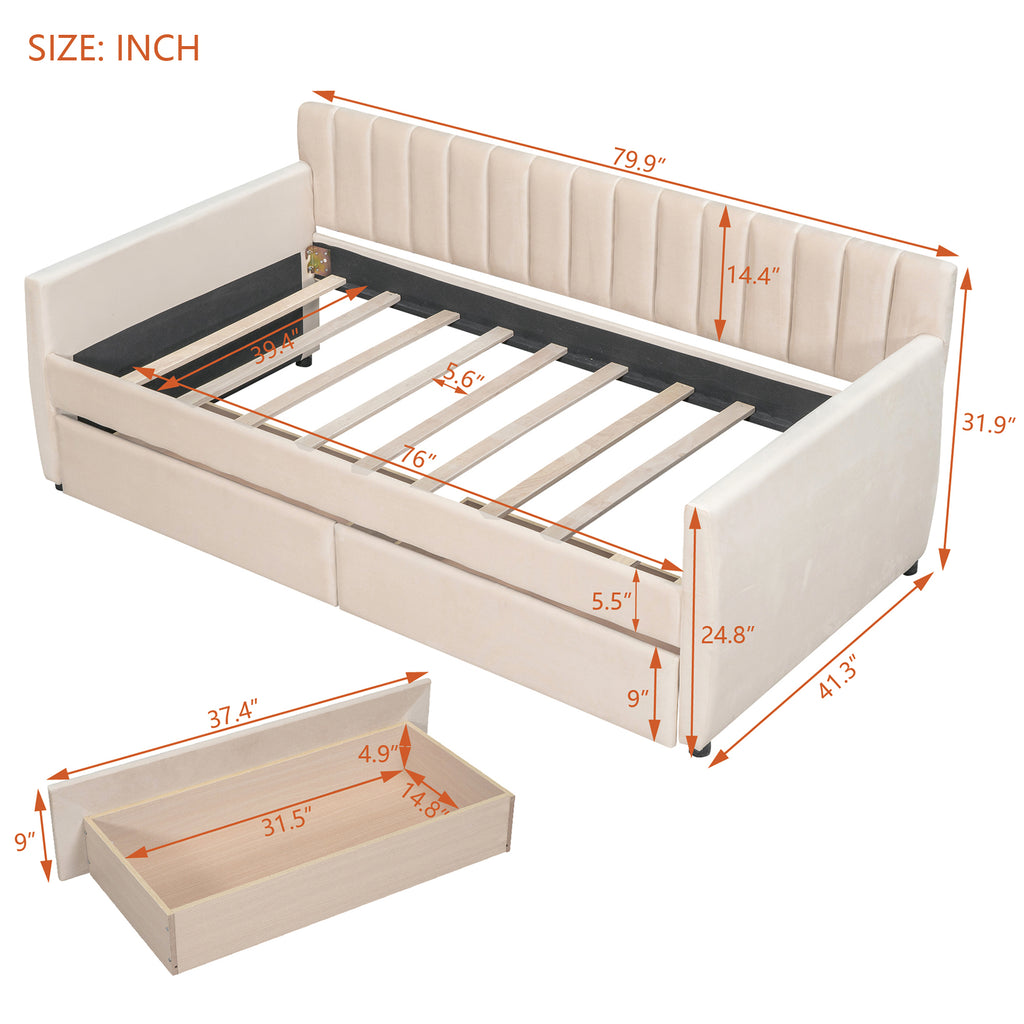 Twin Size Upholstered daybed with Drawers, Wood Slat Support, Beige - Grand Goldman Shop