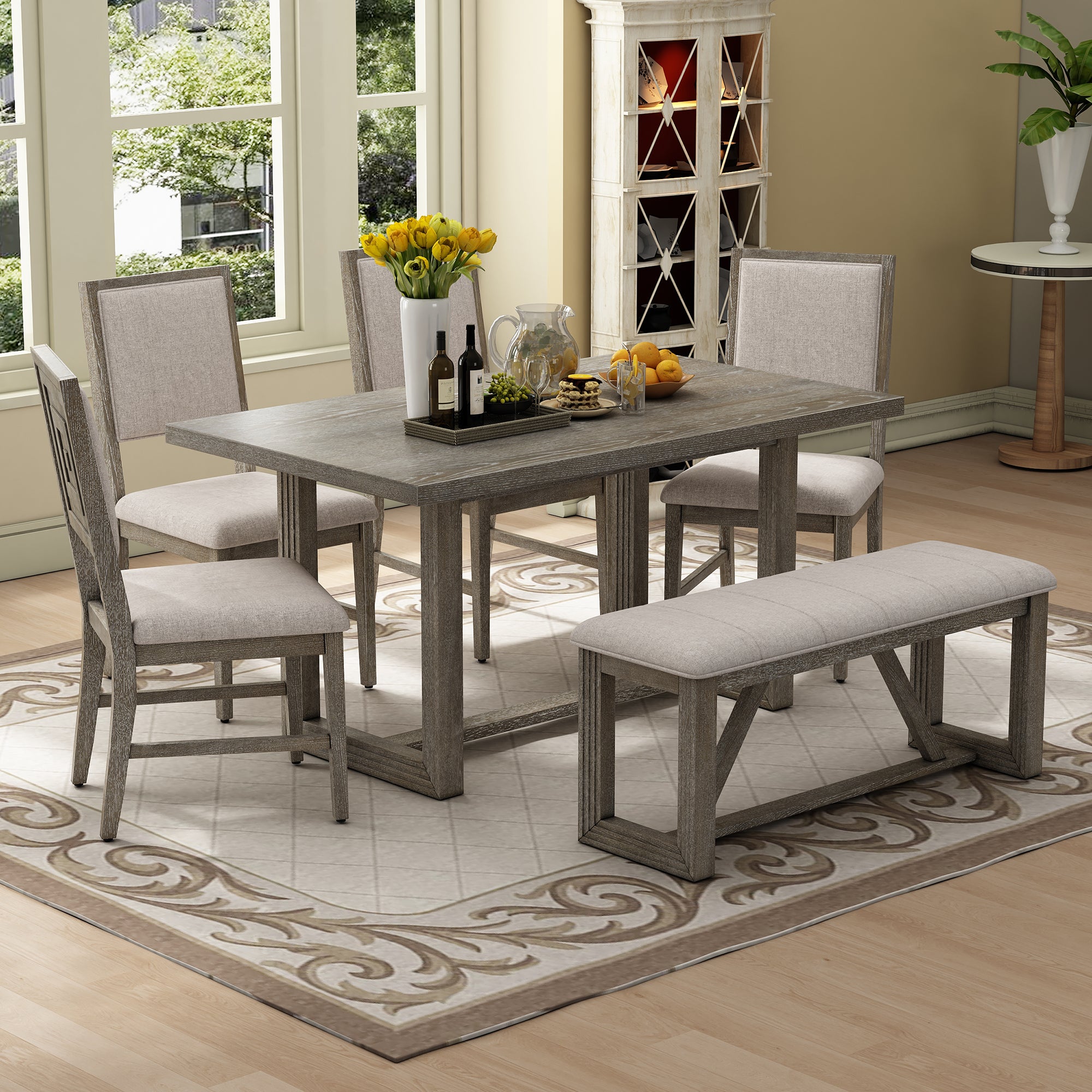 TREXM 6-Piece Retro Dining Table Set for 6, 60' Wood Kitchen Table and Chairs Set of 4 with Bench Designed Trestle Base for kitchen & Dining Room (Gray) - Grand Goldman Shop