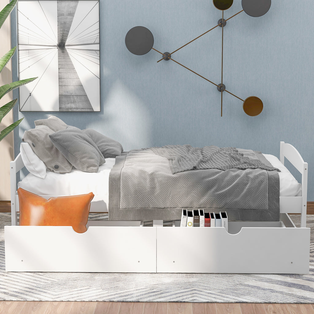 White Twin Size Platform Bed with Two Drawers, Pine Wood and MDF, 77.1''L x 40.7''W x 23.1''H - Grand Goldman Shop