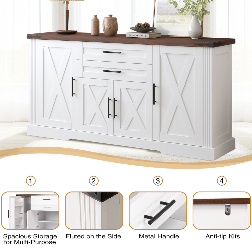 White Farmhouse Barn Door Storage Cabinet with 2 Drawers & Door Rack, Adjustable Shelves, MDF Construction, 63.11' L x 15.75' W x 32.09' H - Grand Goldman Shop