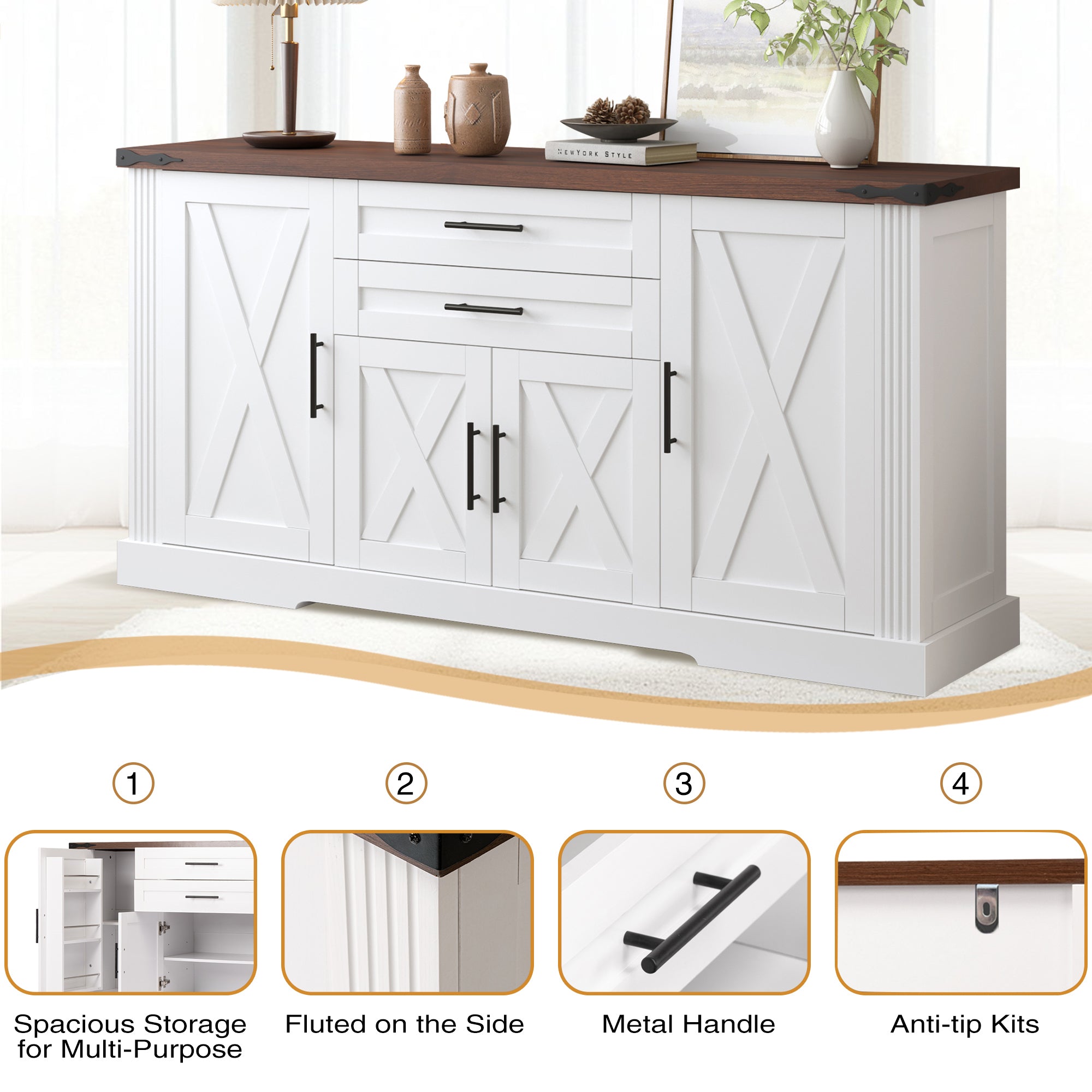 White Farmhouse Barn Door Storage Cabinet with 2 Drawers & Door Rack, Adjustable Shelves, MDF Construction, 63.11' L x 15.75' W x 32.09' H - Grand Goldman Shop