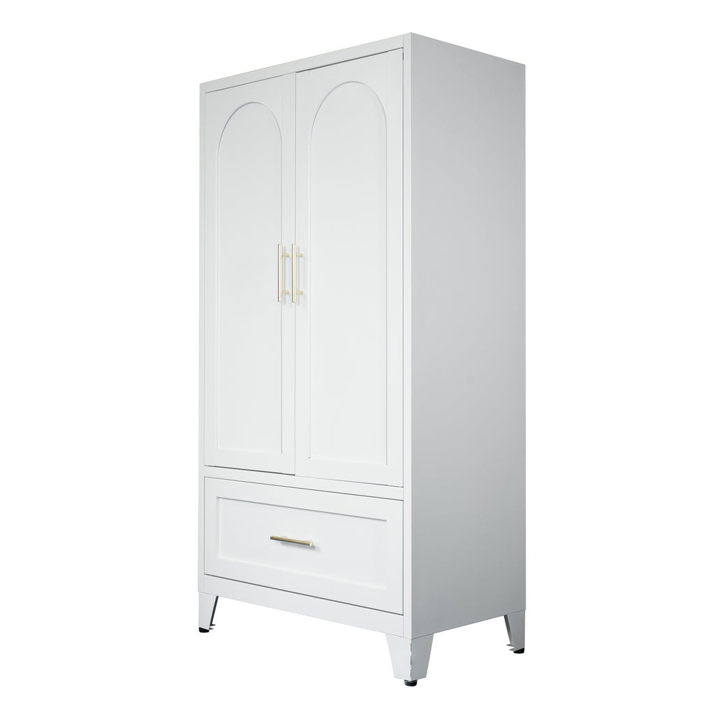 60' Tall Metal Wardrobe Cabinet with 1 Drawer and Hanging Rod, 2 Doors Wardrobe Closet with Shelf for Bedroom, Office, Laundry Room, Entryway, Foyer, Guesthouse (White) - Grand Goldman Shop