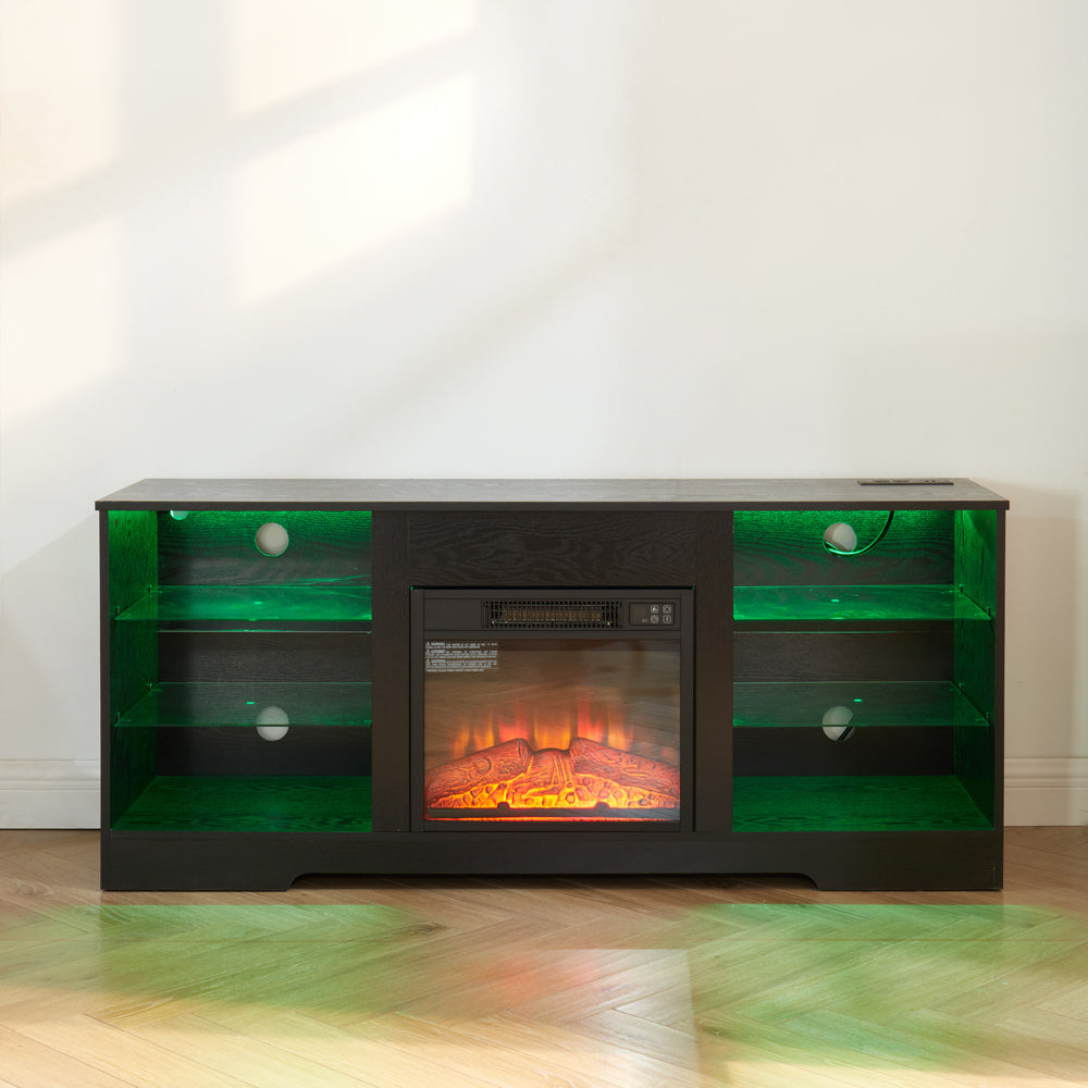 TV Stand Electric Fireplace TV Stand with Glass Shelves, 3D Fireplace TV Stand with LED Lights Wood with USB Charging Outlet Modern Television Table Center for TV up to 32-62' Black 58''W*15.4''D*24.6 - Grand Goldman Shop