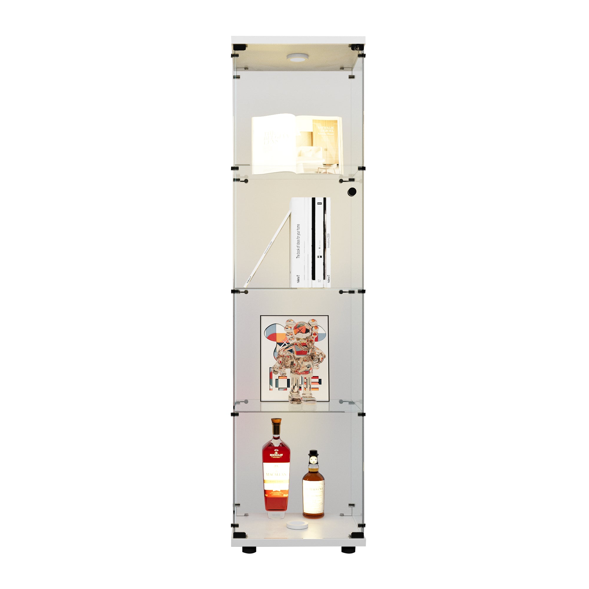 LED lights Glass Display Cabinet 4 Shelves with Door, Floor Standing Curio Bookshelf for Living Room Bedroom Office, 64.7'*16